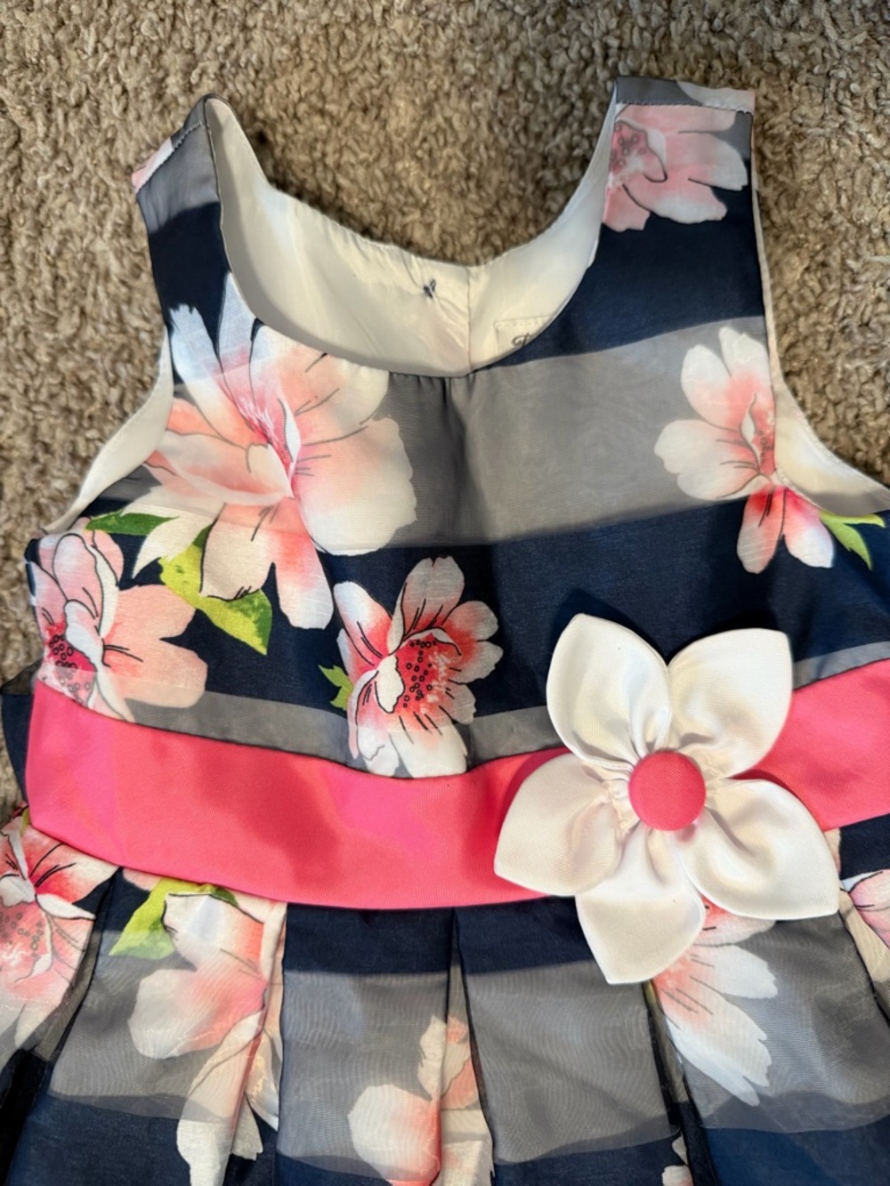 Jona Michelle Navy Floral Dress with Pink Sash and Flower Accent - Picture 2 of 4